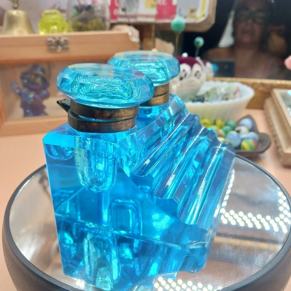 Antique Peacock Blue Glass DOUBLE Inkwell, Late 19th Century Victorian Desk